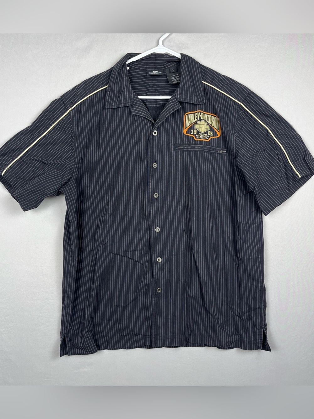 Harley Davidson Button Up Shirt Men’s Large Pin Striped Motorcycles Cotton Black
